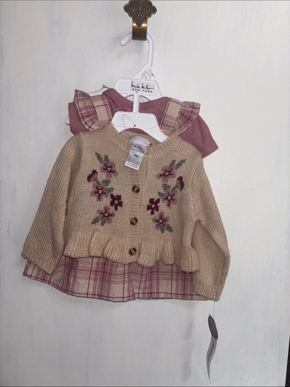 NWT Nicole Miller Knit Floral Cardigan & Plaid Dress Set Onesie